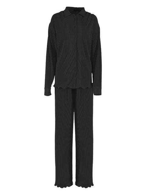 Two Piece Set Womens Lapel Long Sleeve Tops High Waist Loose Wide Leg Pant Solid Sets Female Spring