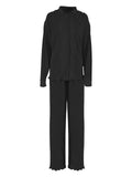 Two Piece Set Womens Lapel Long Sleeve Tops High Waist Loose Wide Leg Pant Solid Sets Female Spring