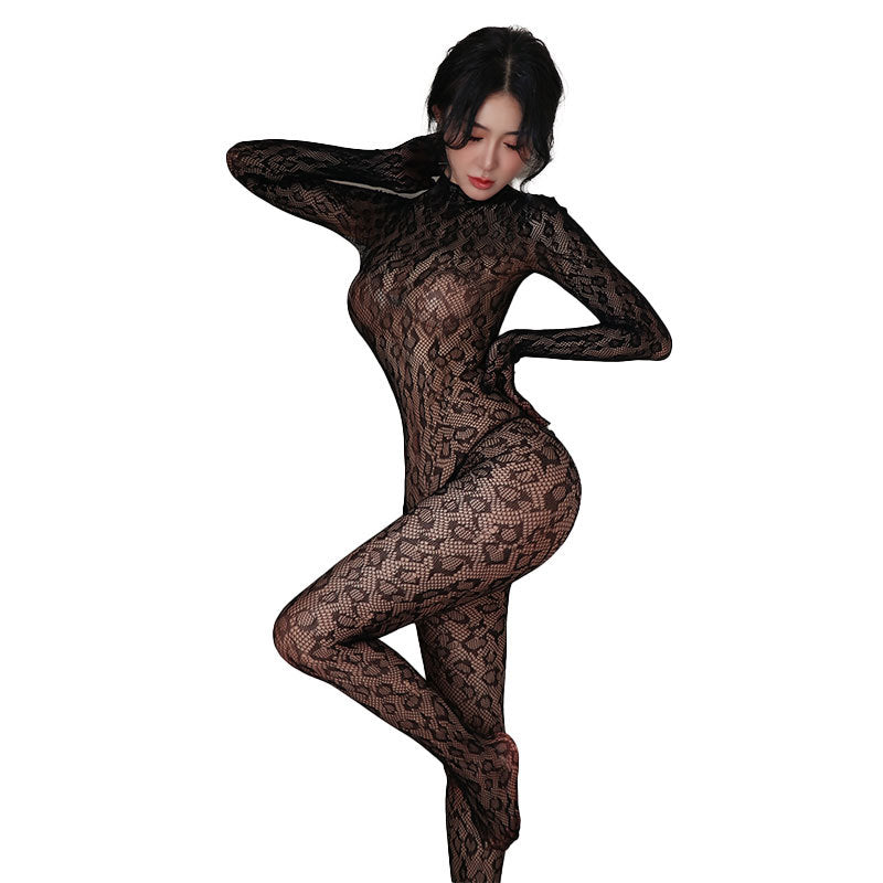 Sexy Lingerie Leopard Print Sheer Bodysuit with Fishnet and Open Back