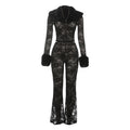 Autumn and Winter New Womens Fashion Printed Hairy Collar Lace Splicing Sexy Perspective Pants Two Piece Set