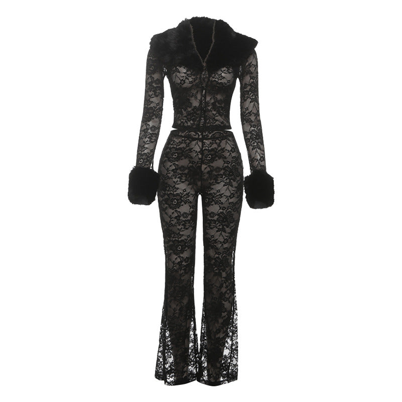 Autumn and Winter New Womens Fashion Printed Hairy Collar Lace Splicing Sexy Perspective Pants Two Piece Set