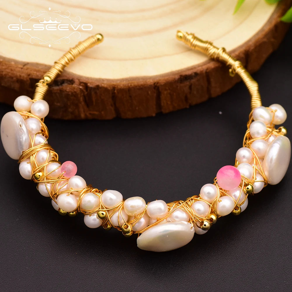 GLSEEVO Original Natural Fresh Water Baroque Pearl Bangle & Bracelet For Women Wife Wedding Handmade Adjustable Jewellery GB0060